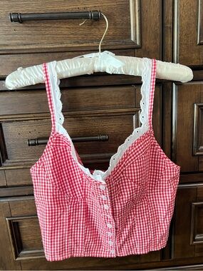 Red Gingham Lace-Trim Crop Top with Front Buttons